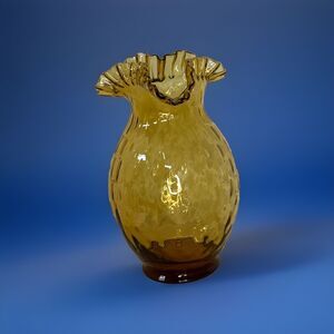 9" Vintage Glass Amber Crimped Bud Vase